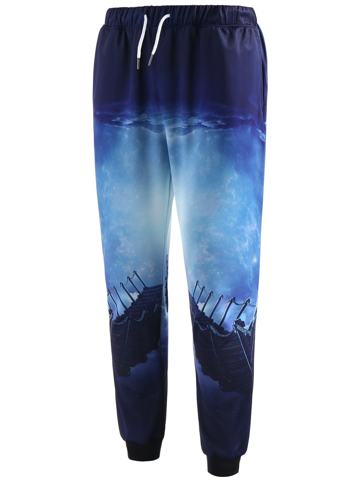 

Wooden Bridge Print Drawstring Jogger Pants, Silk blue