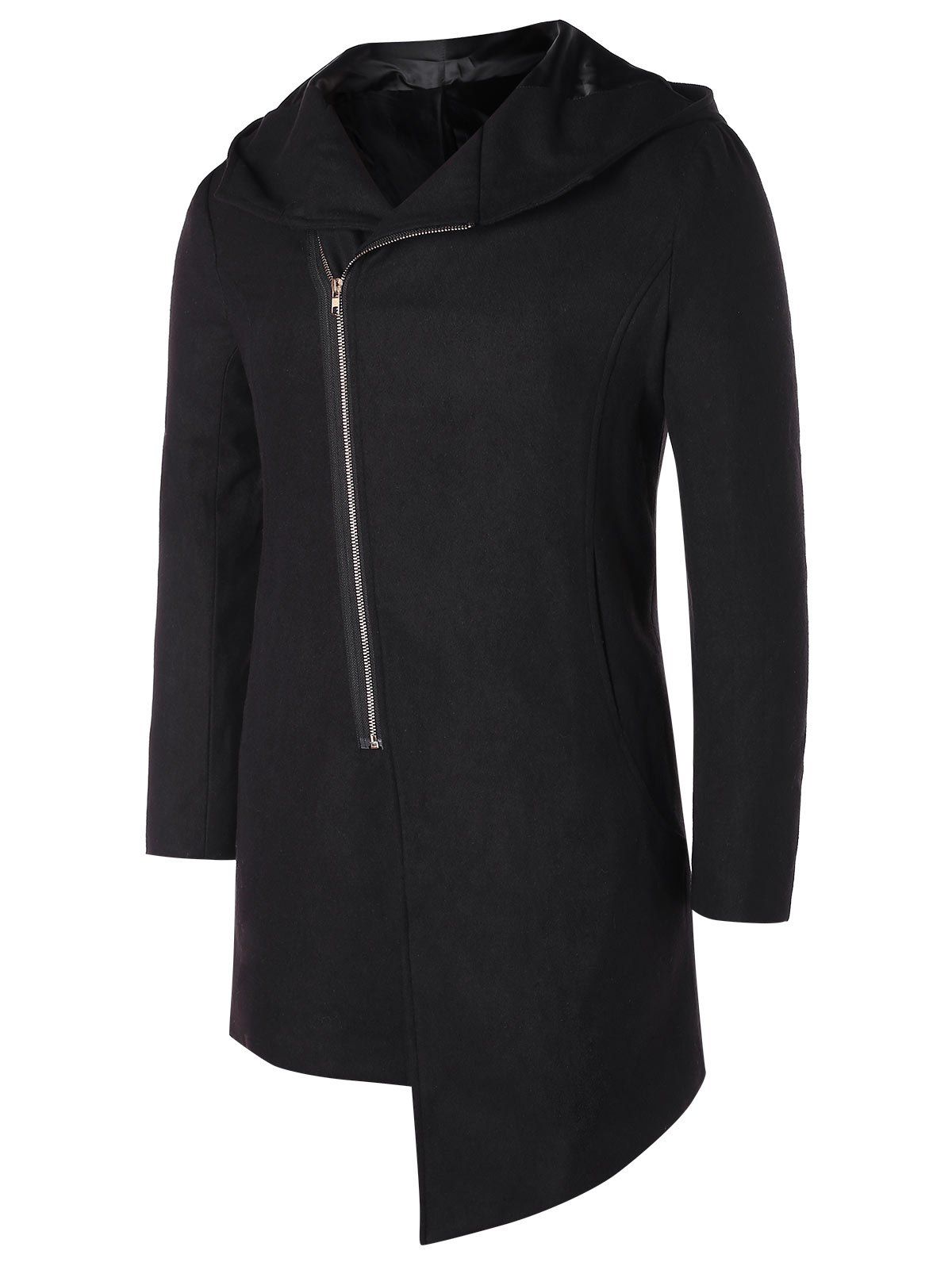 Asymmetric Zip Up Hooded Longline Coat - BLACK 2XL