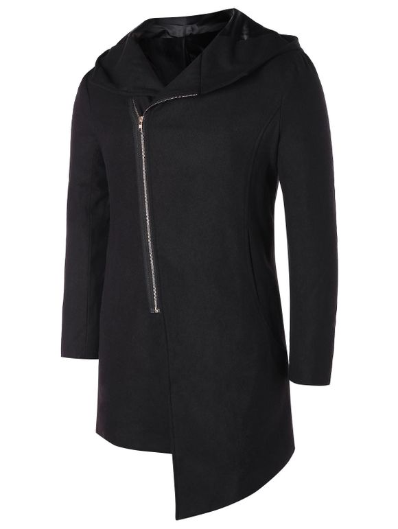 Manteau à Capuche Long Zippé Asymétrique - Noir 2XL