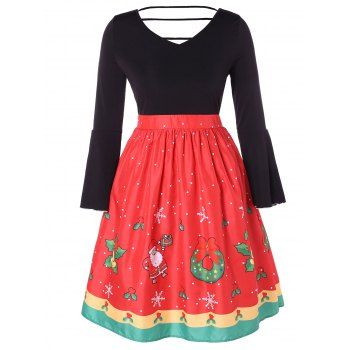

Christmas Plus Size Printed Cut Out Dress, Black
