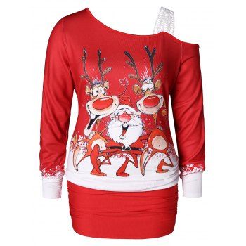 

Plus Size Christmas One Shoulder Elk Print Tee, Red