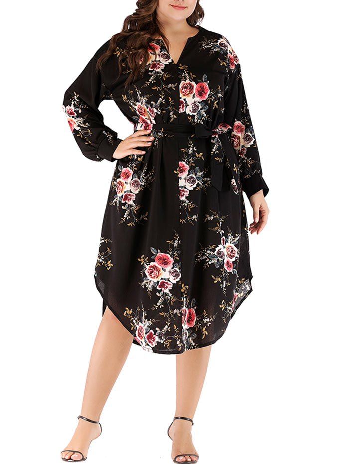 

Plus Size Floral Drop Shoulder Dress, Black