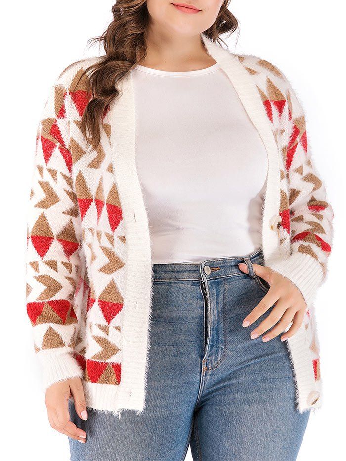 

Plus Size Geometric Drop Shoulder Cardigan, White