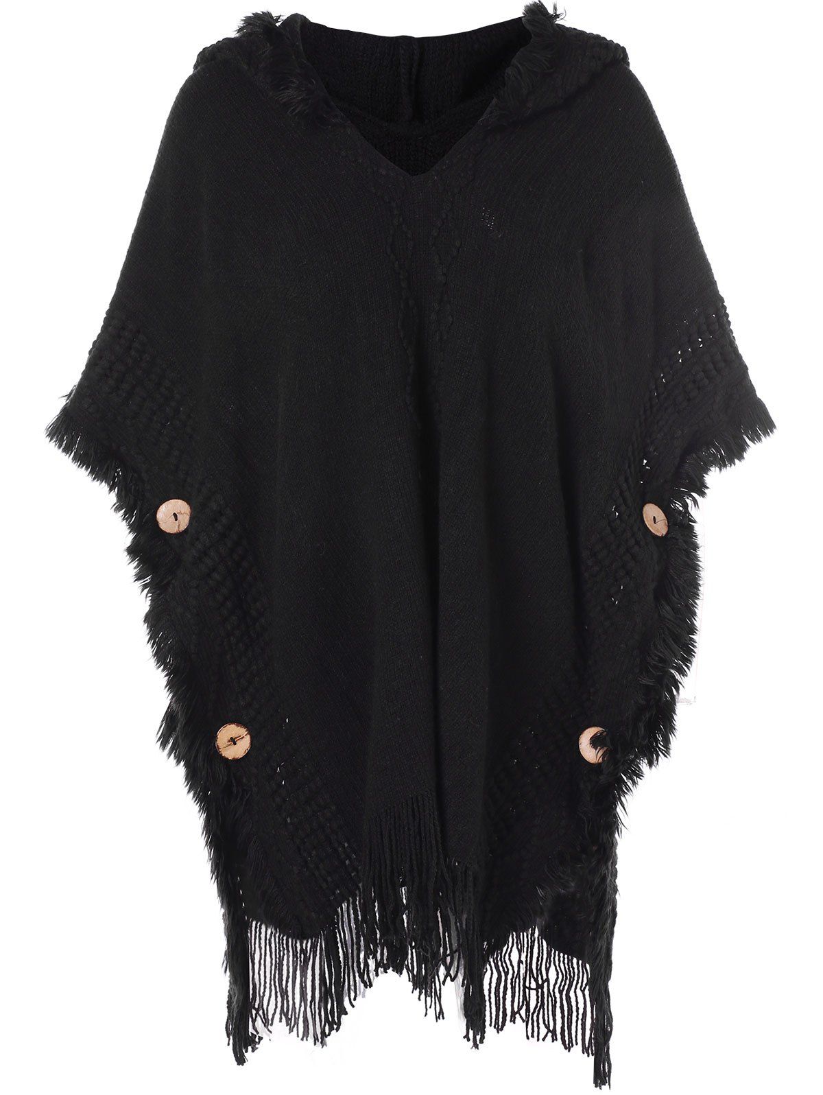 

Fringed Hooded Sweater Poncho, Black