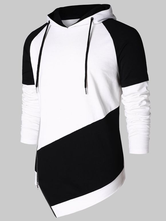 Sweat-Shirt à Capuche Asymétrique Couleur Contrastée avec Fermeture Éclair - Blanc L