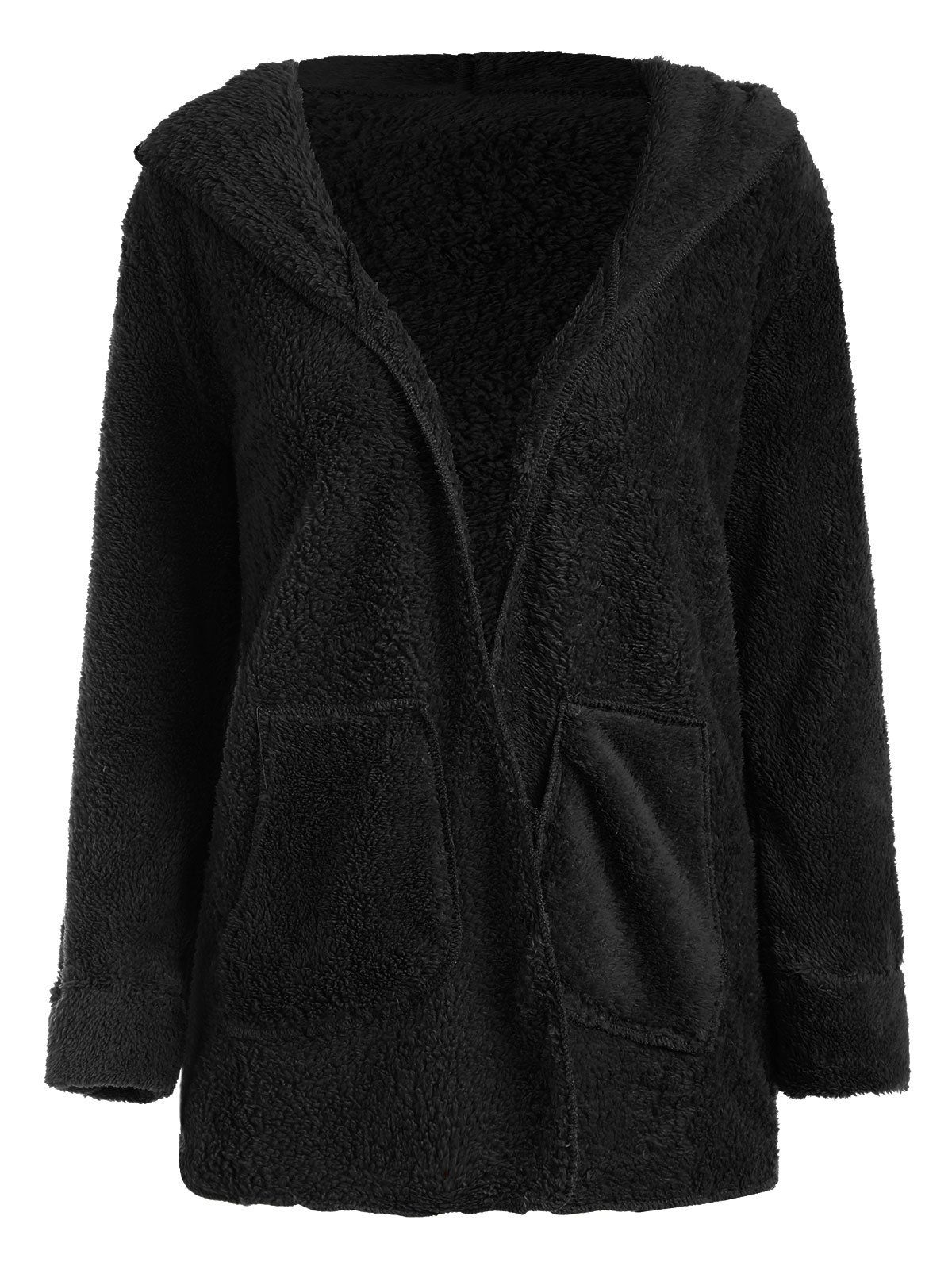 

Hooded Pockets Fuzzy Coat, Black