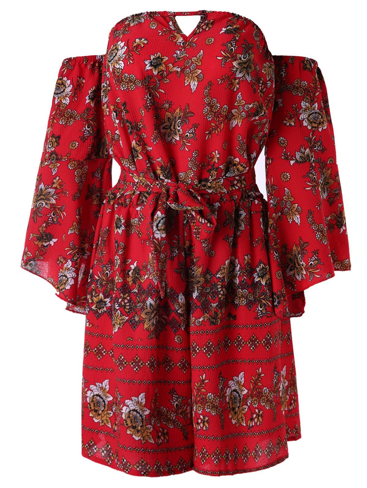 

Off Shoulder Flower Belted Romper, Red