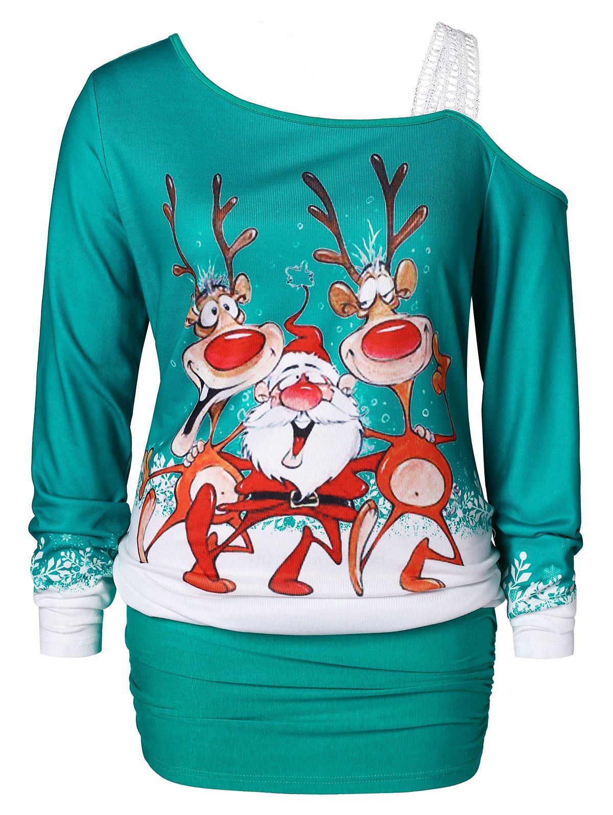 

Plus Size Christmas One Shoulder Elk Print Tee, Macaw blue green