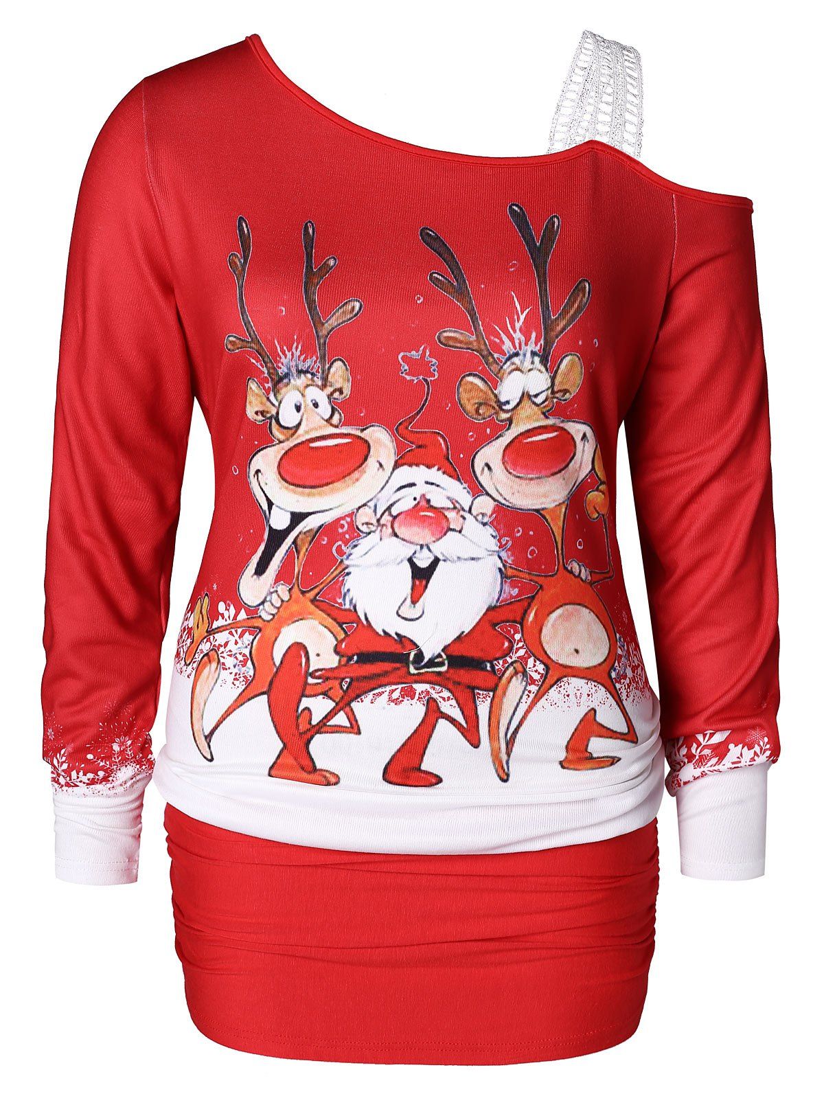 T-shirt Elan de Noël Imprimé à Une Epaule de Grande Taille - Rouge 3X