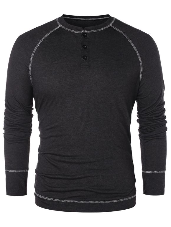 T-shirt Henley à demi-boutons à manches raglan - Noir 2XL
