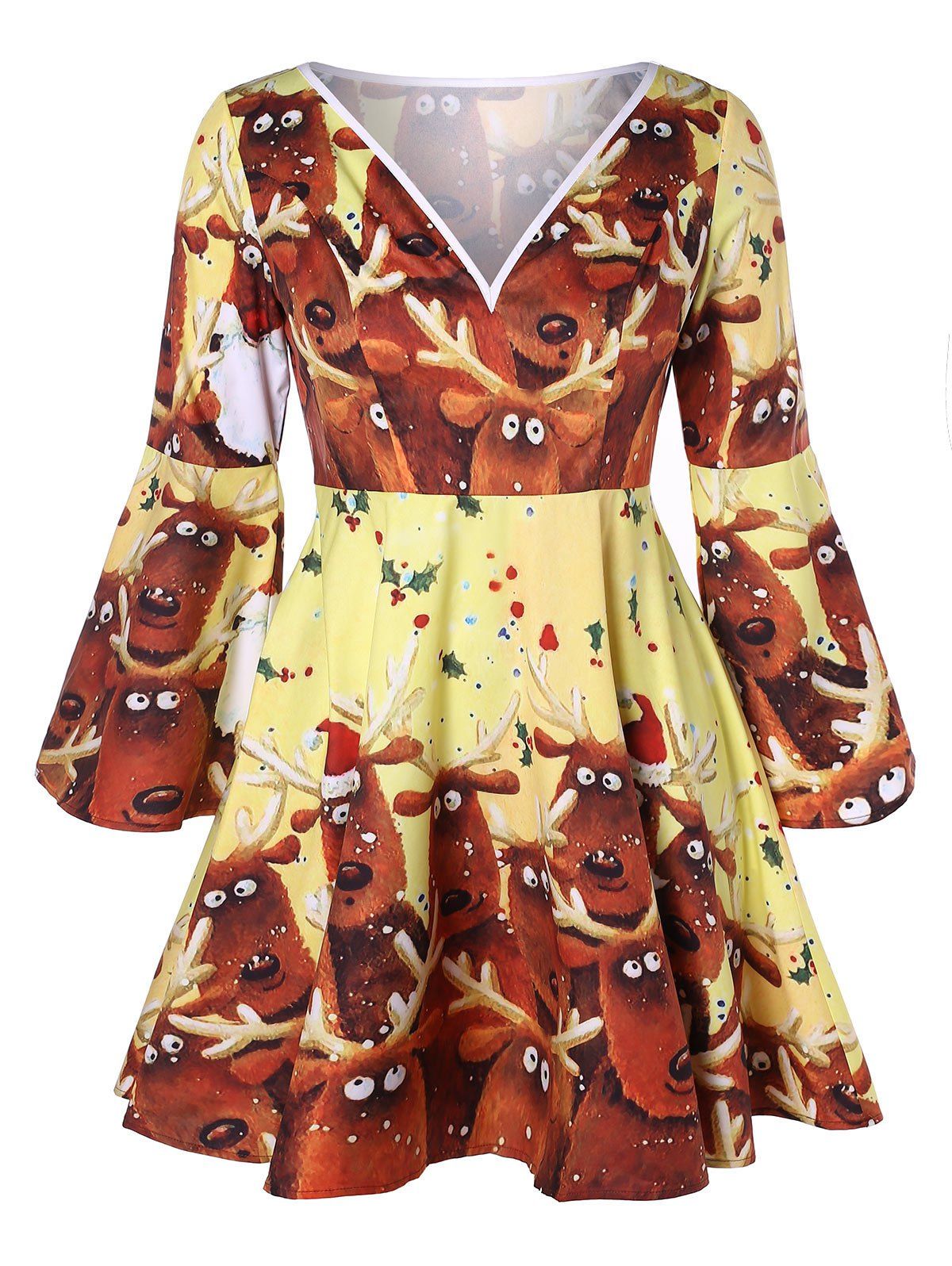 

Christmas Plus Size Reindeer Print Bell Sleeve Dress, Multi