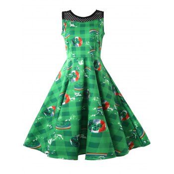 Mesh Panel Printed Fit and Flare Dress, Deep green