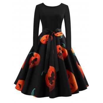 

Retro Pumpkin Printed Halloween Dress, Black