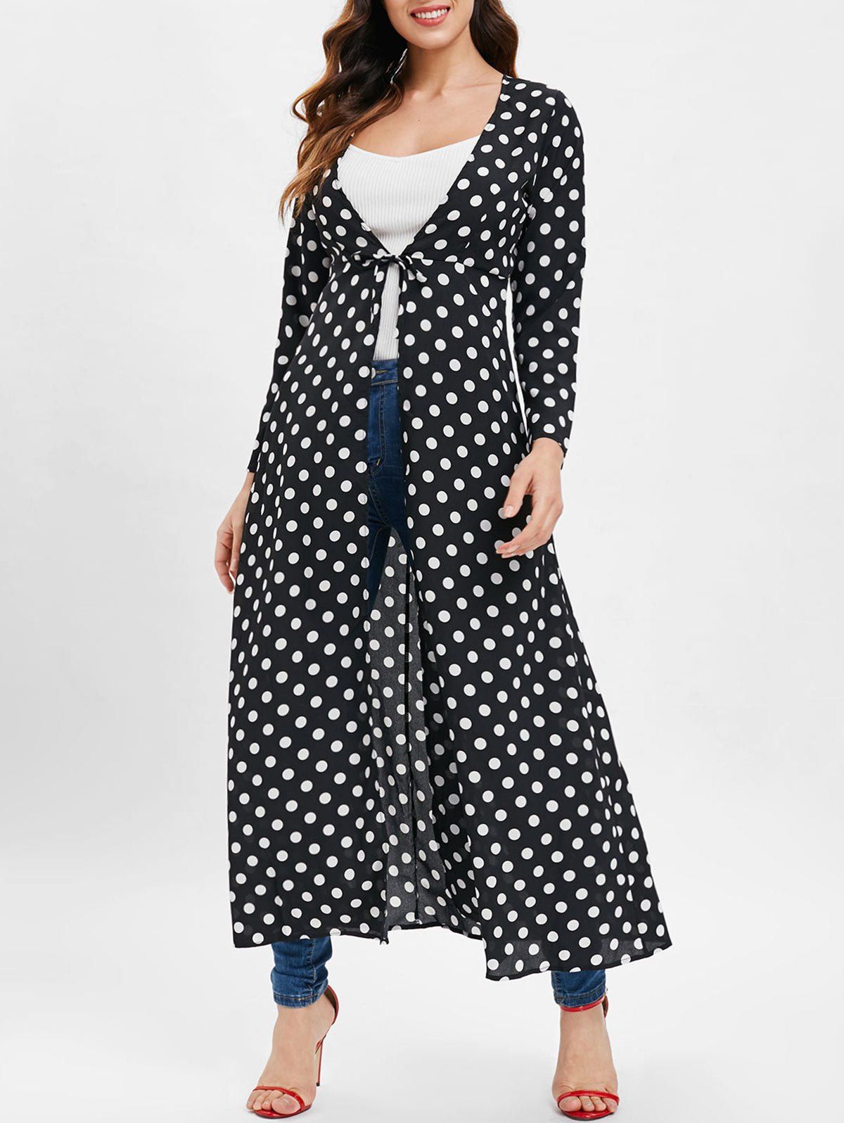

Polka Dot Duster Coat with Tie, Black