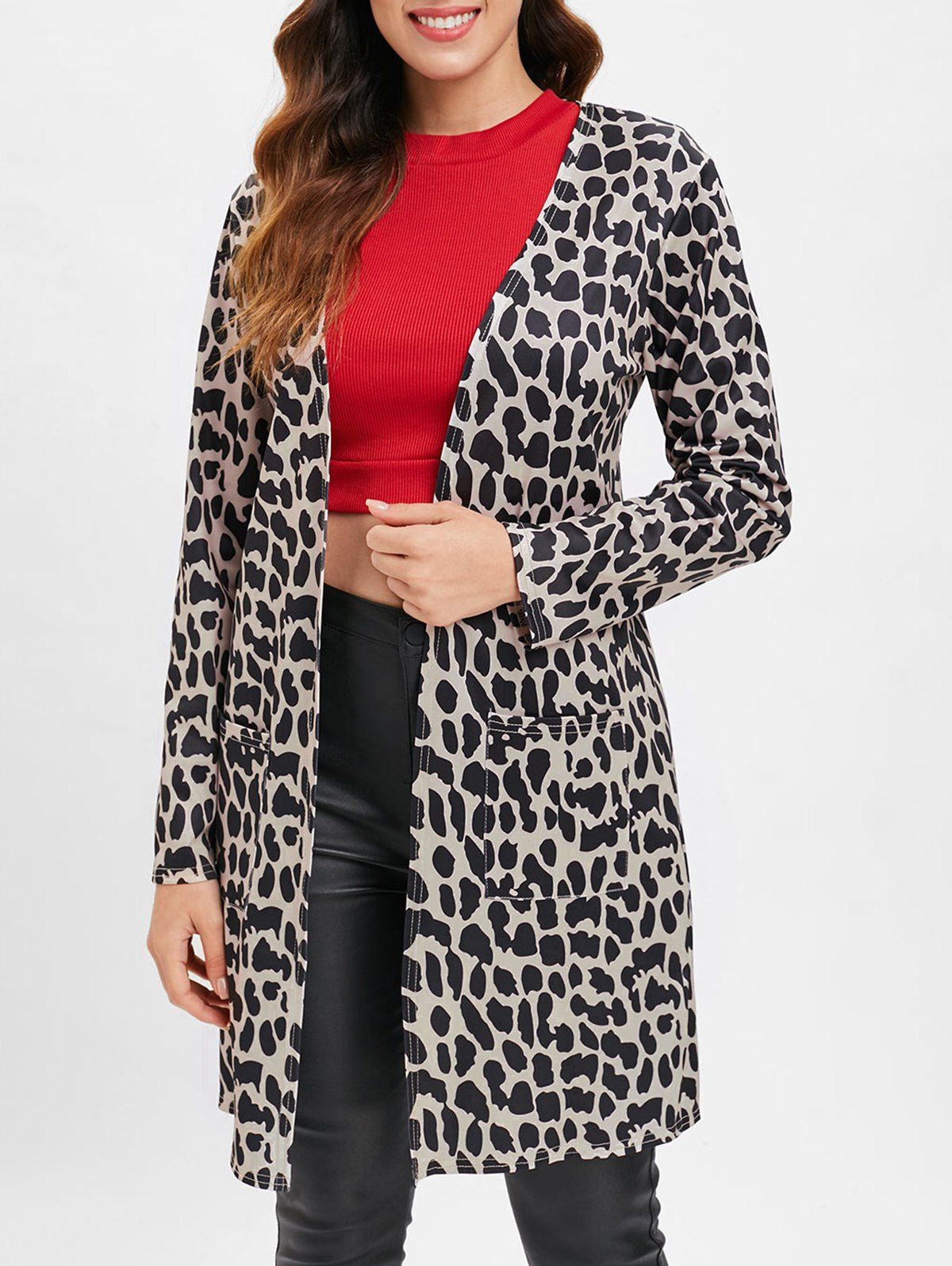 Leopard Open Front Long Coat with Pockets - LEOPARD M