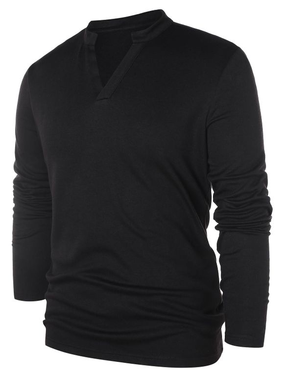 Solid Notch Neck Pullover Sweater - BLACK L