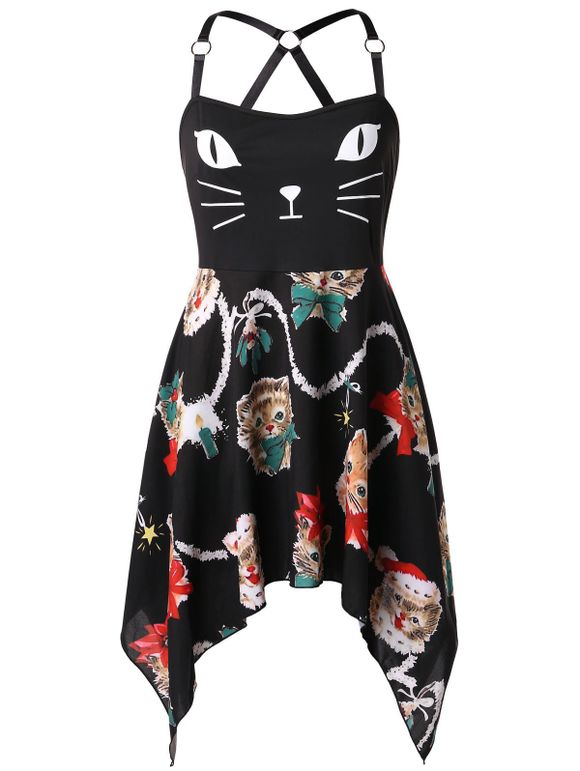 Robe Asymétrique de Noël à Bretelle Chat en Dessin Animé de Grande Taille Sans Dos - Noir 2X