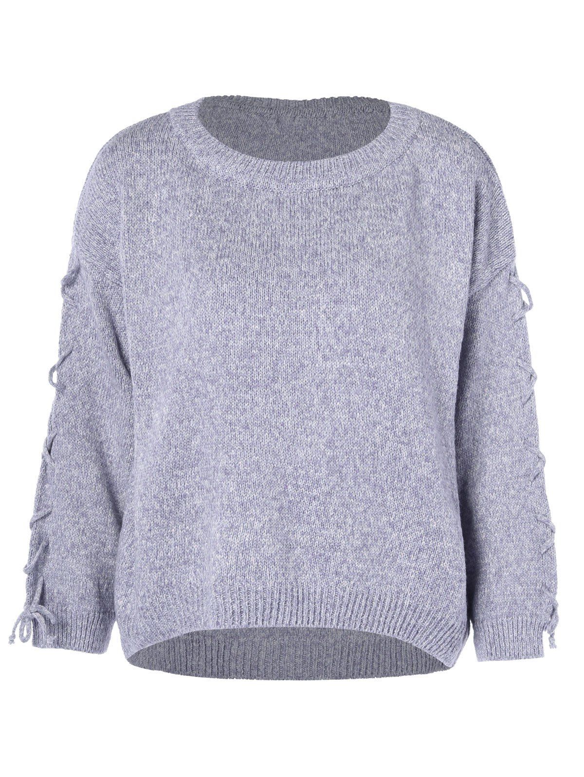 

Lace Up Sleeves Crew Neck Sweater, Gray cloud