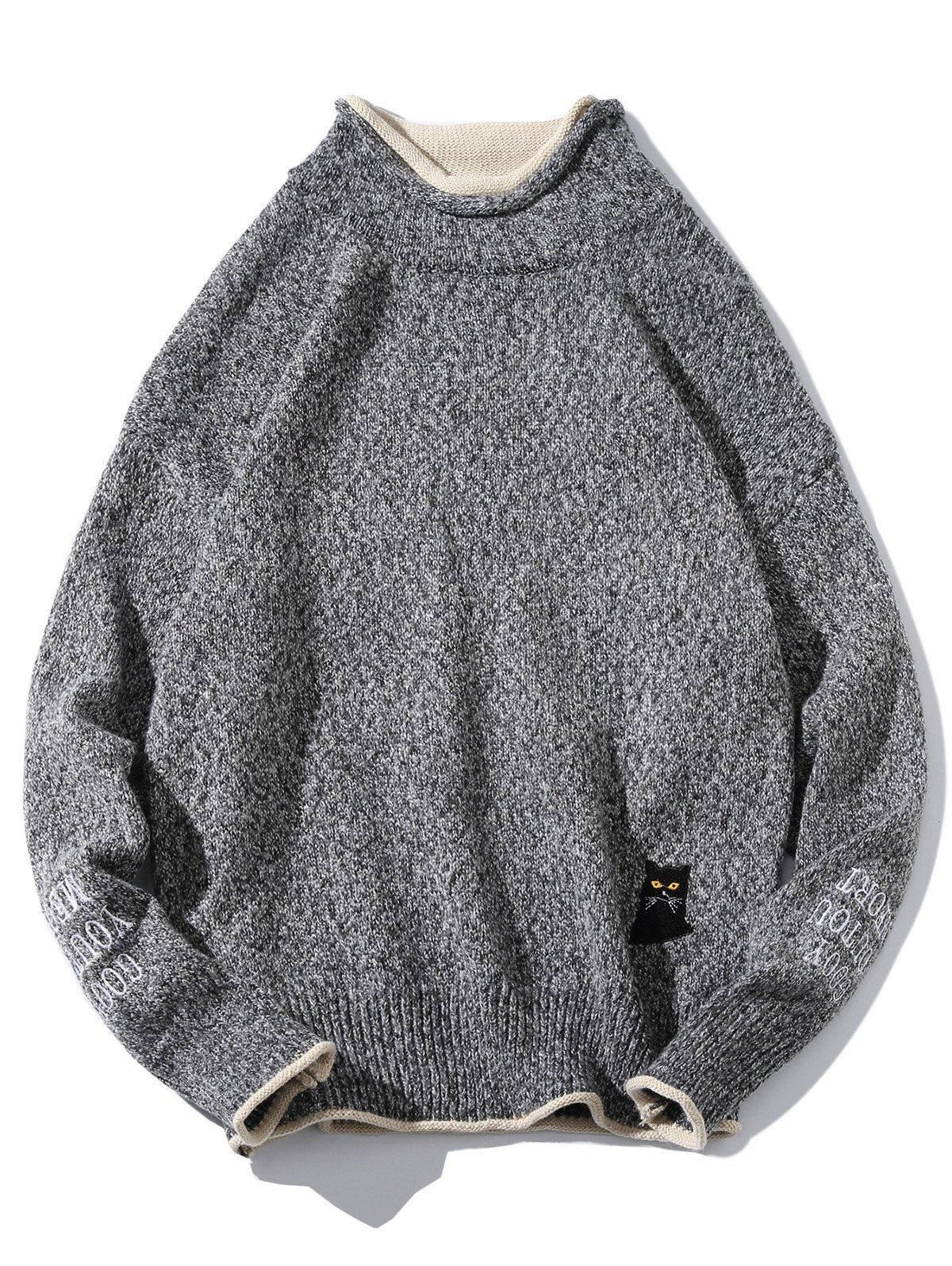 

Double Hem Collar Cat Embroider Sweater, Carbon gray