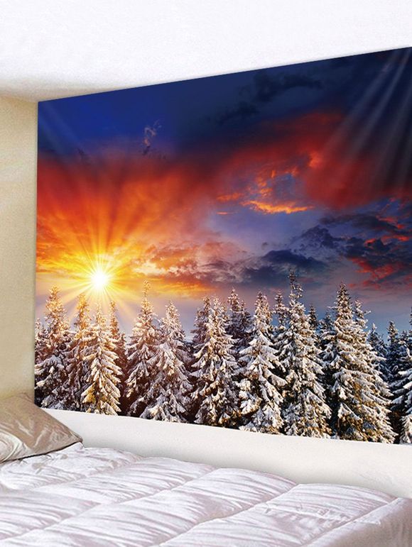 Tapisserie Murale à Imprimé Cèdres Enneigés et Lumière du Coucher du Soleil pour Noël - multicolor W71 X L71 INCH