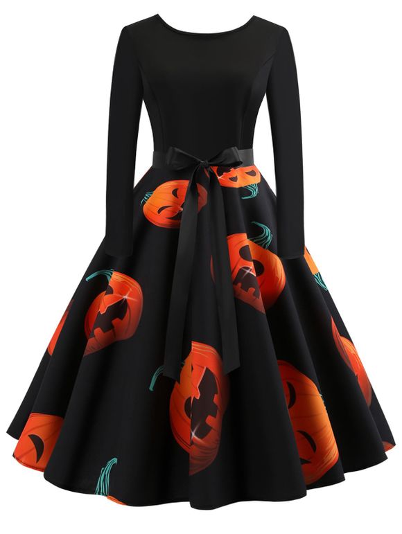 Retro Pumpkin Printed Halloween Dress - BLACK M