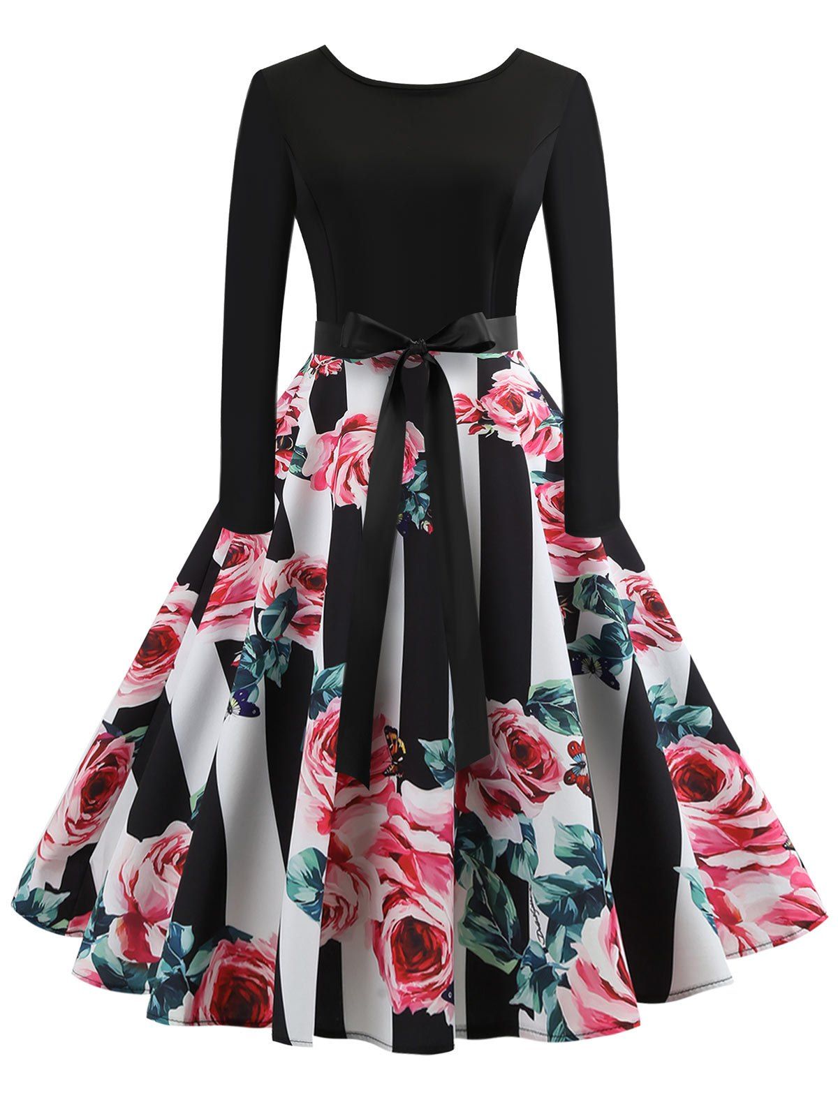 Vintage Floral Belted Flare Dress - BLACK M
