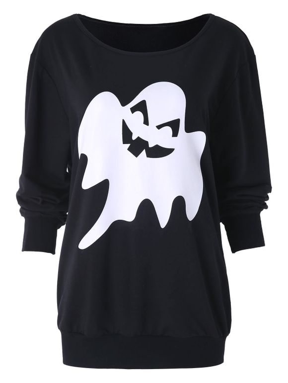 Halloween Ghost Print Skew Neck Sweatshirt - BLACK XL
