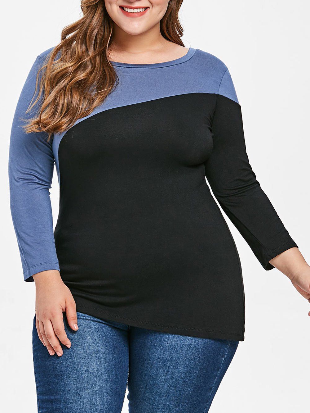 

Two Tone Plus Size Round Neck T-shirt, Blue