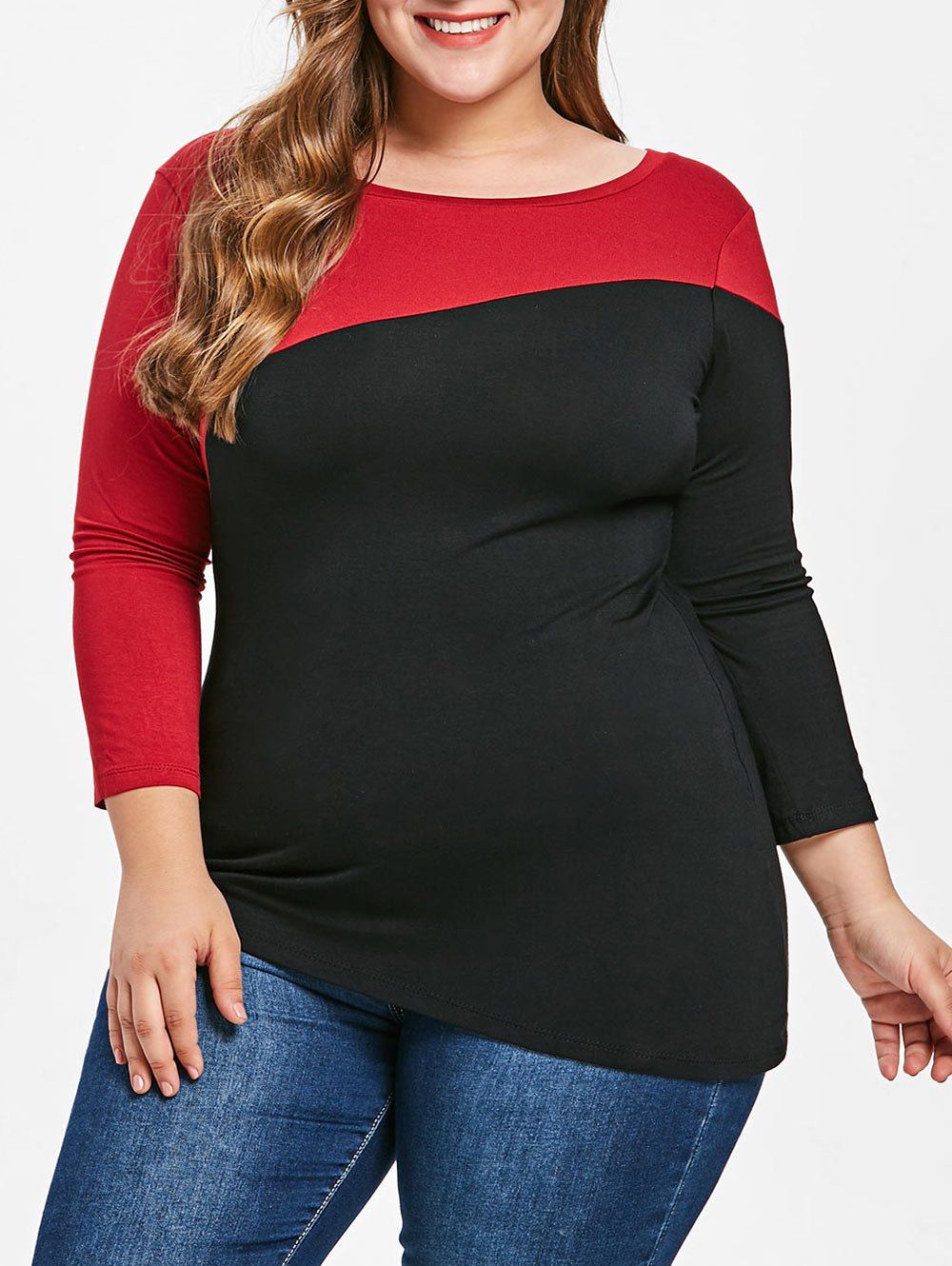 

Two Tone Plus Size Round Neck T-shirt, Red