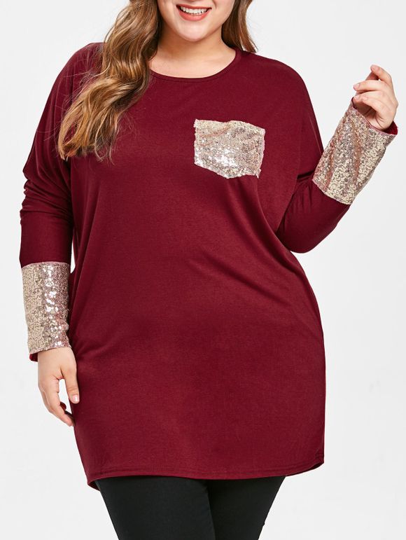 Plus Size Sequined Cuffs Long Sleeve T-shirt - RED WINE L