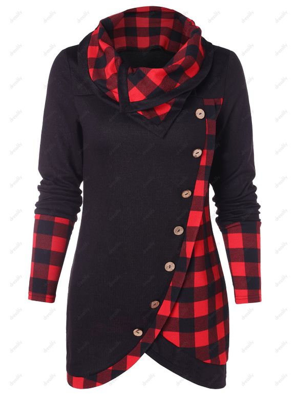 Sweat-shirt Tunique à Tartan à Col Roulé - Noir 2XL