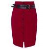 Double Belts Button Up Pencil Skirt - RED WINE M