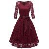 V Neck Bow Belted Lace Sewing Dress - RED WINE L