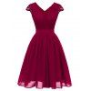 Cap Sleeve Lace Bodice Fit and Flare Dress - RED WINE S