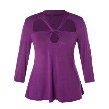 

Plus Size Solid Color Front Twist Cut Out T-shirt, Purple flower