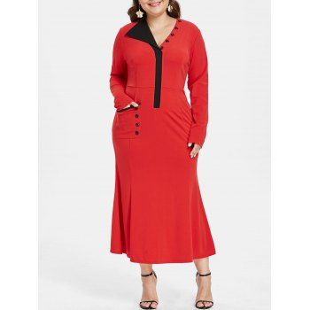 

Plus Size Color Block Pocket Mermaid Dress, Red