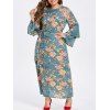 Maxi  Robe Florale Imprimée à Manches de Cloche de Grande Taille - Paon Bleu 4X