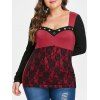 T-shirt Panneau en Dentelle de Grande Taille à Col en Forme de Cœur - Châtaigne Rouge 5X