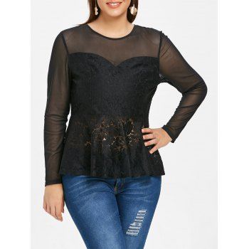 

Plus Size Mesh and Lace Panel T-shirt, Black