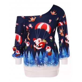 

Christmas Plus Size Santa Claus Print Skew Neck Sweatshirt, Deep blue