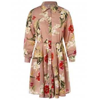 

Floral Print Long Sleeve Shirt Dress, Khaki rose