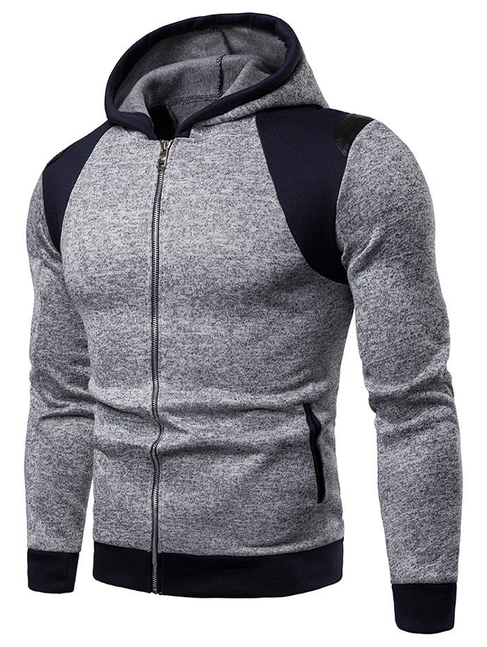 

Fleece Lined Zip Up Patch Raglan Sleeves Hoodie, Light gray