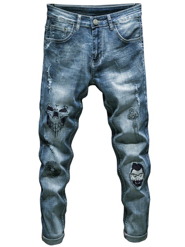 

Graphic Embroidery Ripped Cuffed Jeans, Blue