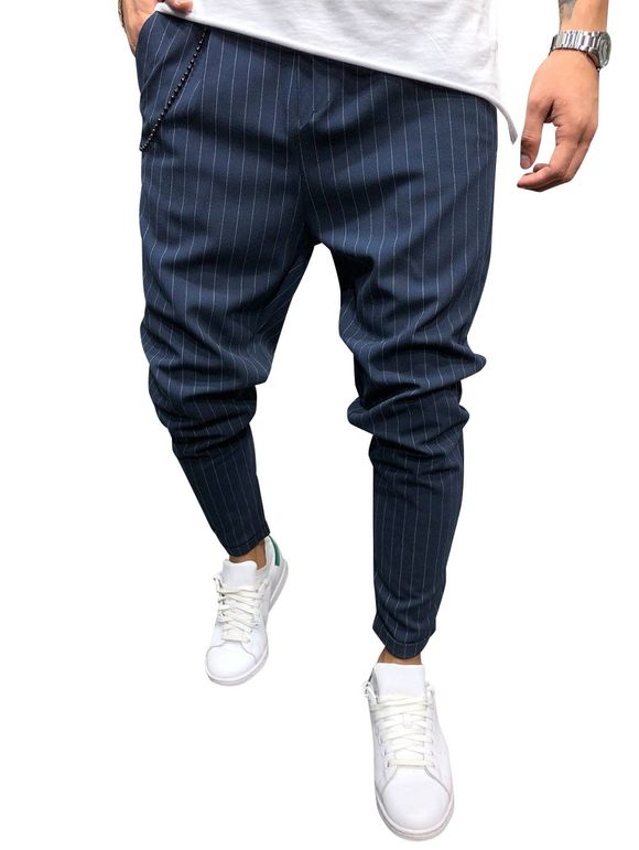 Pantalon Rayé à Taille Elastique - Bleu Océan M
