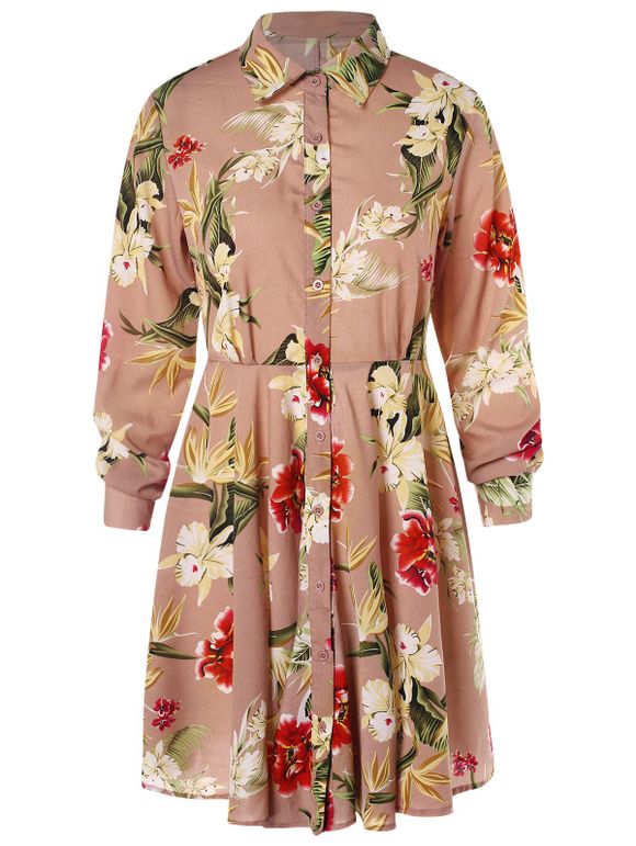 Floral Print Long Sleeve Shirt Dress - KHAKI ROSE XL