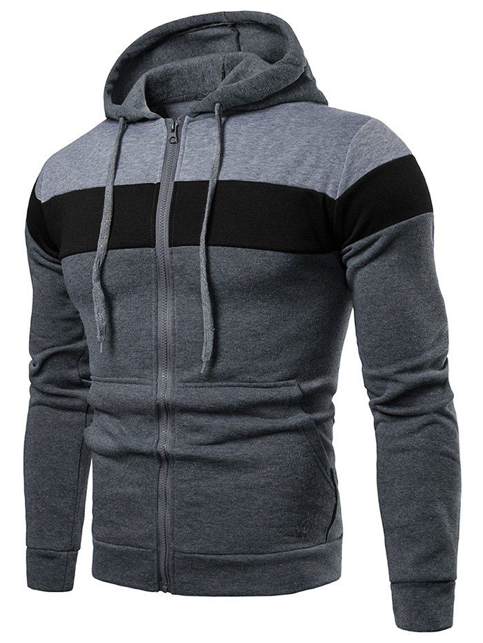 

Fleece Lined Zip Up Color Block Pocket Hoodie, Ash gray