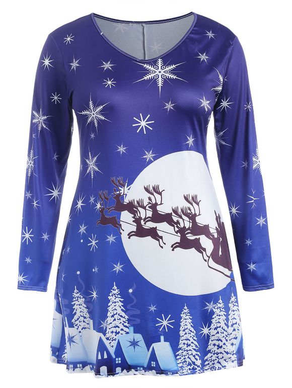 Robe de Noël Flocon de Neige de Grande Taille à Manches Longues - Bleu Cobalt 1X