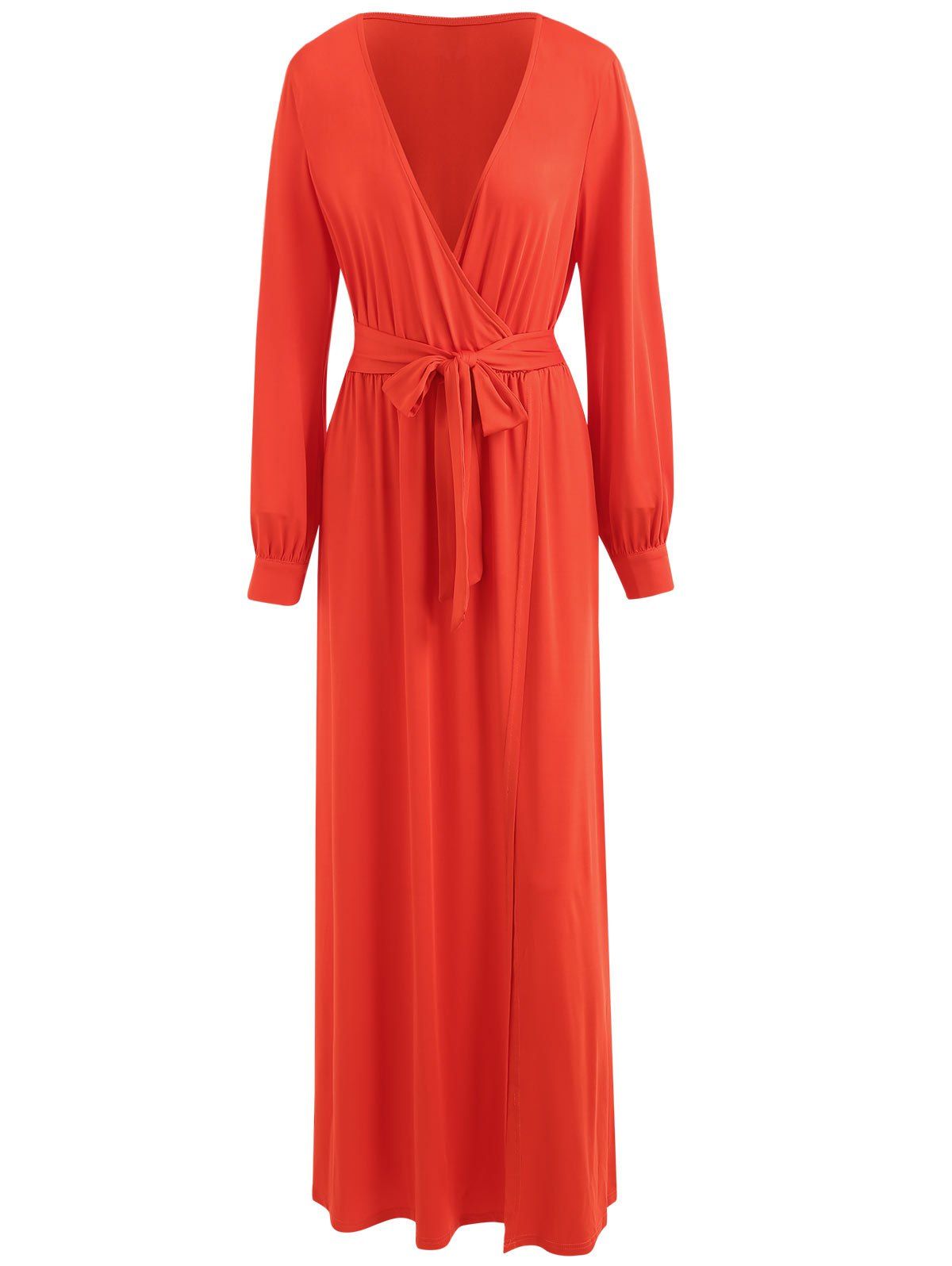 

V Neck Slit Long Dress, Bright orange