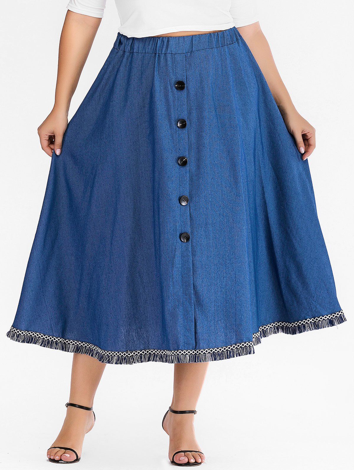 

Plus Size Buttons Fringed Denim Skirt, Blue