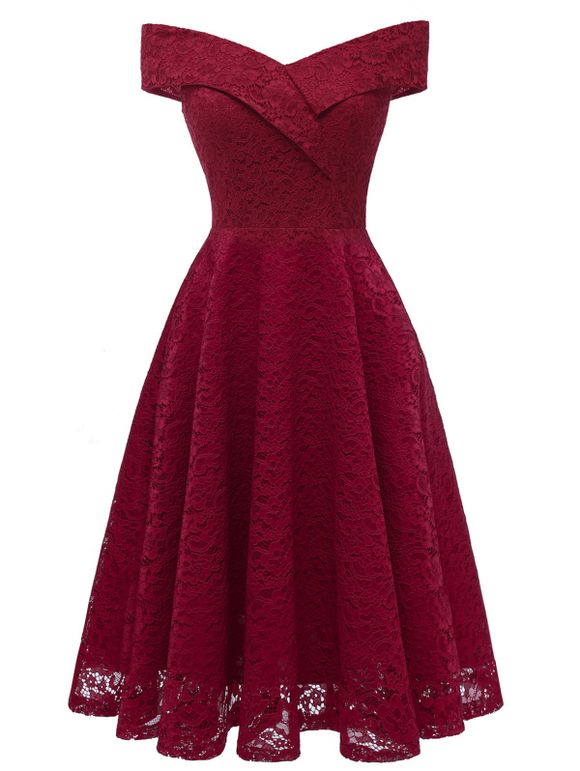 Off Shoulder Lace A Line Dress - RED WINE 2XL